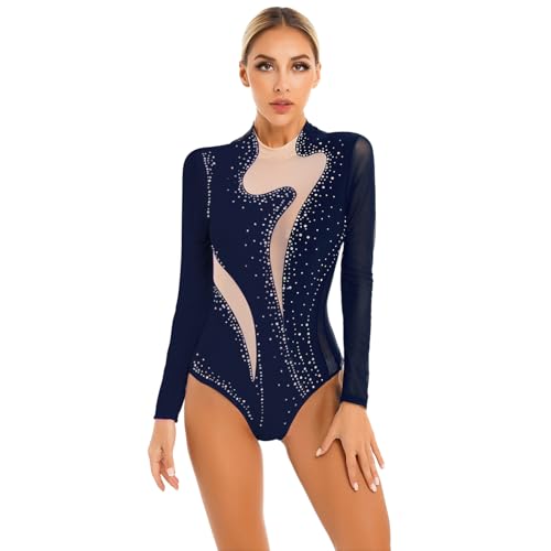 JEATHA Damen Glitzer Gymnastikbody Langarm Turnanzug Ballett Trikot Leotard Mesh Patchwork Gymnastikanzug für Gym Tanz Eiskunstlauf Dunkelblau XXL von JEATHA