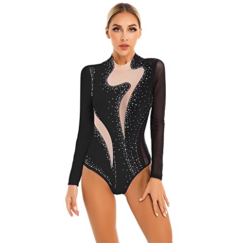 JEATHA Damen Glitzer Gymnastikbody Langarm Turnanzug Ballett Trikot Leotard Mesh Patchwork Gymnastikanzug für Gym Tanz Eiskunstlauf Schwarz S von JEATHA