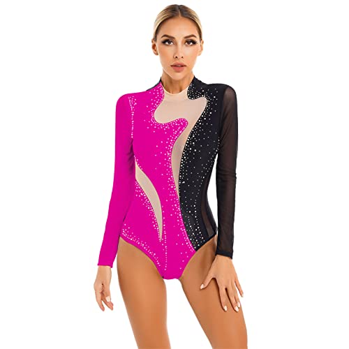 JEATHA Damen Glitzer Gymnastikbody Langarm Turnanzug Ballett Trikot Leotard Mesh Patchwork Gymnastikanzug für Gym Tanz Eiskunstlauf Schwarz&Rosa S von JEATHA