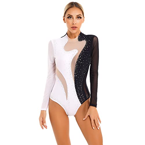 JEATHA Damen Glitzer Gymnastikbody Langarm Turnanzug Ballett Trikot Leotard Mesh Patchwork Gymnastikanzug für Gym Tanz Eiskunstlauf Schwarz&Weiß M von JEATHA