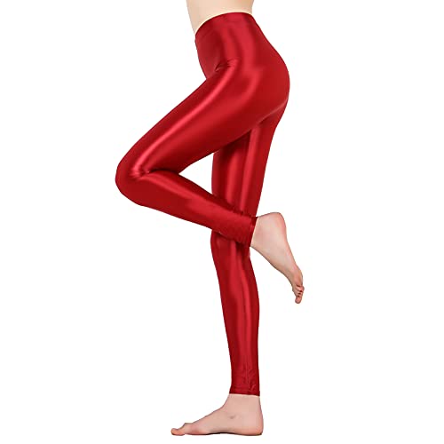 JEATHA Damen Glossy Leggings Strumpfhose Glänzende Yogahosen Hüfthose Fitness Yoga Tanz Hosen Stretch Sportleggings Jogginghose Burgundy M von JEATHA