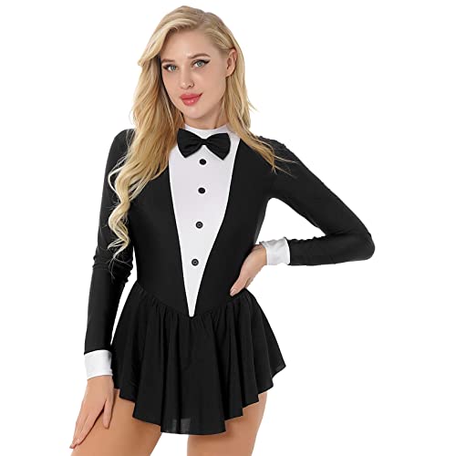 JEATHA Damen Kellnerin Kleid Mini Faltenkleid Smoking Kostüm Langarm Kellnerin Cospaly Schleifen Weihnachten Karneval Kostüm Elegant Smoking Uniform Schwarz S von JEATHA