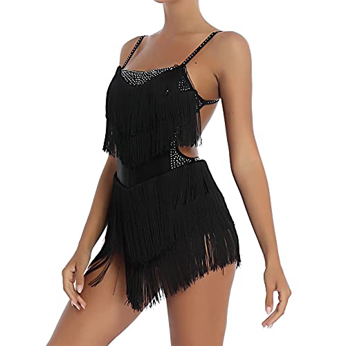 JEATHA Damen Latein Tanzkleid Strass Strass Quaste Flapper Kleid Salsa Tango Ballsaal Tanz Kleider Lateinkleid Kostüm Schwarz XL von JEATHA