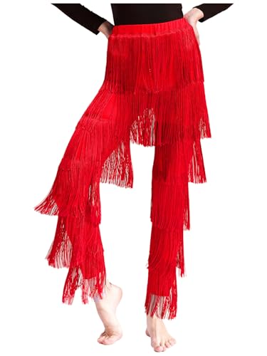 JEATHA Damen Lateinische Tanzhose Rumba Tango Salsa Übungshose Ballsaal Latein Tanzhose Quastenhose Performance Kostüme Rot XXL von JEATHA