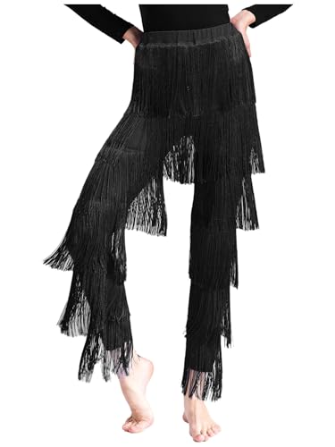 JEATHA Damen Lateinische Tanzhose Rumba Tango Salsa Übungshose Ballsaal Latein Tanzhose Quastenhose Performance Kostüme Schwarz S von JEATHA