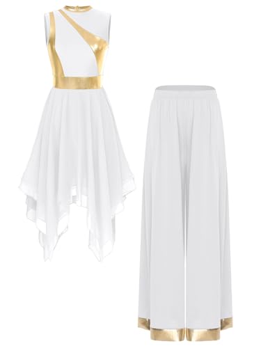 JEATHA Damen Liturgisches Tanzkleid Ärmellos Asymmetrisches Kleid mit Tanzhose Weites Bein Hose Lob Tanz Outfit Kirche Dancewear Weiß S von JEATHA