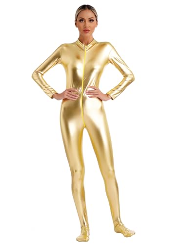 JEATHA Damen Metallic Jumpsuit Wetlook Bodysuit Overall Langarm Ganzkörper Trikot Body Strumpfhose Turnanzug mit Reisverschluss für Performance Clubwear Gold M von JEATHA