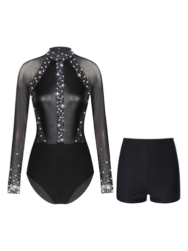 JEATHA Damen Metallic Langarm Ballett Tanz Trikot Leotard mit Gymnastik leggings Set Glänzende Ballettanzug Turnanzug Eiskunstlauf Anzug Schwarz XXL von JEATHA