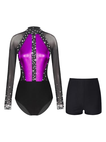 JEATHA Damen Metallic Langarm Ballett Tanz Trikot Leotard mit Gymnastik leggings Set Glänzende Ballettanzug Turnanzug Eiskunstlauf Anzug Violett M von JEATHA