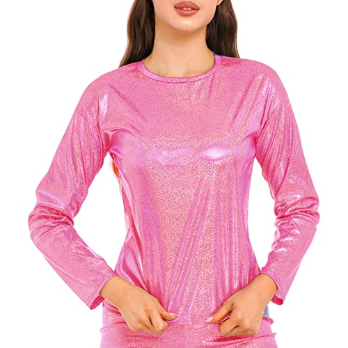 JEATHA Damen Metallic T-Shirt Langarm Bluse Oberteile Slim Fit Tops Glänzend Rundhals Oberteil Langarmshirt 70er 80er Disco Party Kostüm Hot Rosa L von JEATHA