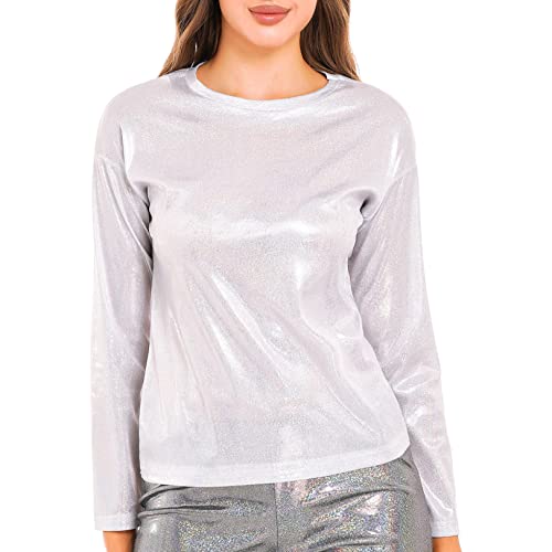 JEATHA Damen Metallic T-Shirt Langarm Bluse Oberteile Slim Fit Tops Glänzend Rundhals Oberteil Langarmshirt 70er 80er Disco Party Kostüm Silber L von JEATHA