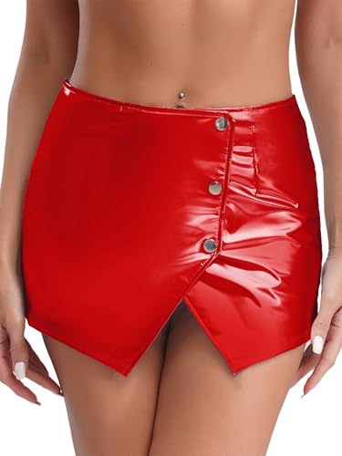 JEATHA Damen Metallisch Glanz Bodycon Mini Rock Etui Lederrock Kunstleder Bleistiftrock Pencil Skirt Wetlook Stretch Rock Club Musik Festival Rot M von JEATHA