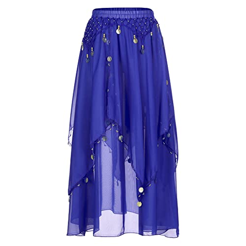 JEATHA Damen Pailletten Bauchtanz Rock Tanzrock mit Perlen Chiffonrock Tüllrock Indischer Tanz Rock Maxirock Tanzkostüm Bauchtanz Kostüm Royal Blau Einheitsgröße von JEATHA