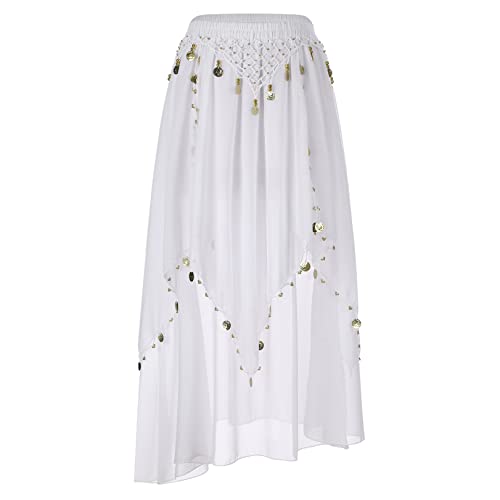 JEATHA Damen Pailletten Bauchtanz Rock Tanzrock mit Perlen Chiffonrock Tüllrock Indischer Tanz Rock Maxirock Tanzkostüm Bauchtanz Kostüm Weiß Einheitsgröße von JEATHA