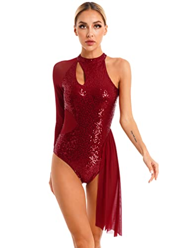 JEATHA Damen Pailletten Gymnastikbody Tanzbody Glitzer Eiskunstlauf Kleid Tanzkleider Ballettanzug Mesh Patchwork Trikot Body Leotard Ballettkleidung Burgundy L von JEATHA