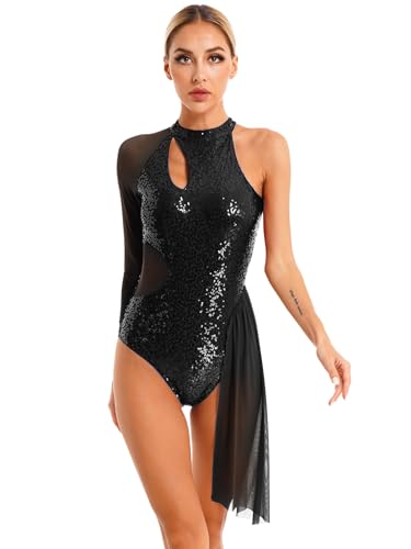 JEATHA Damen Pailletten Gymnastikbody Tanzbody Glitzer Eiskunstlauf Kleid Tanzkleider Ballettanzug Mesh Patchwork Trikot Body Leotard Ballettkleidung Schwarz L von JEATHA