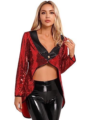 JEATHA Damen Pailletten Zirkus Frack Jacke Glitzernde Smoking Oberbekleidung Halloween Fasching Zirkus Damen-Kostüm Rot 3XL von JEATHA