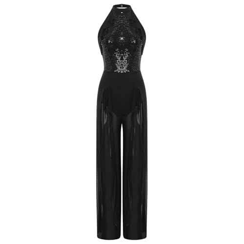 JEATHA Damen Tanzanzug Overall Einteiler Neckholder Pailletten Body Mit Mesh Weite Hose Modern Lyrische Hosenanzug Romper Dancewear Schwarz M von JEATHA