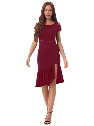 JEATHA Damen Tanzkleid Spitze Cocktail Partykleid Elegant Latein Rumba Samba Ballkleid Party Tanzkostüme Tanzkleidung Bankettsaal Burgundy M von JEATHA