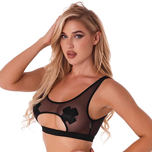 JEATHA Damen Transparent Fischnetz BH Bustier Mesh Crop Top Bauchfrei Oberteil Träger Top Tank Tops Clubwear Schwarz/Weiß Schwarz E 4XL von JEATHA