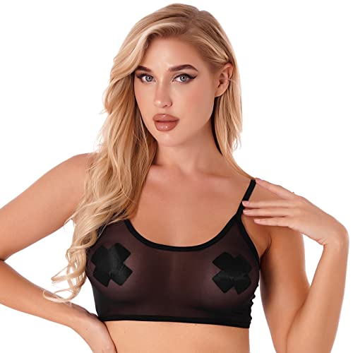 JEATHA Damen Transparent Fischnetz BH Bustier Mesh Crop Top Bauchfrei Oberteil Träger Top Tank Tops Clubwear Schwarz/Weiß Schwarz F 3XL von JEATHA