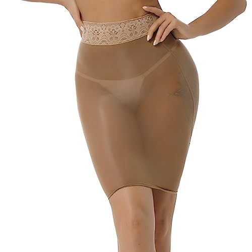 JEATHA Damen Transparent Unterrock Bleistiftrock Glänzende Stretchrock Unterkleid Halbrock Einfarbig Underskirt Nachtkleid Petticoat Lingerie Erotik Dessous Coffee One Size von JEATHA