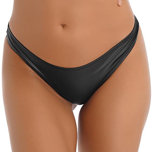 JEATHA Damen Wetlook Dessous Lackleder Slip Glänzende Ouvert Höschen Niedrige Taille Kunstleder Tanga String Leder Unterhose mit Reisverschluss GOGO Clubwear Schwarz J XXL von JEATHA