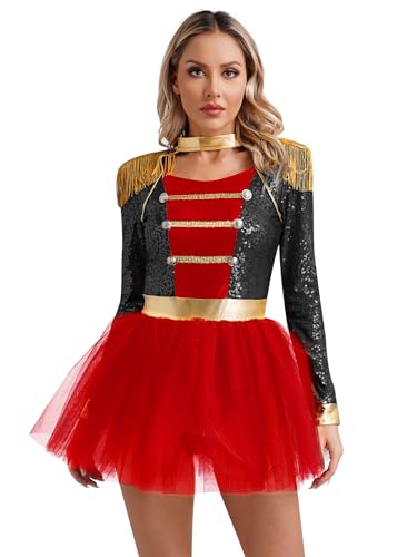 JEATHA Damen Zirkus Kostüme Tanzkleid Pailletten Bodysuit Jumpsuit mit Fransen Zirkus Dress Up Faschingskostüm Cosplay Karneval Kostüme Schwarz S von JEATHA
