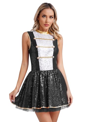 JEATHA Damen Zirkus Ringmaster Kostüme Ärmellos Pailletten Kleid Tanzkleid Dress Up Cosplay Faschingskostüm Weihnachten Karneval Verkleidung Schwarz XXL von JEATHA