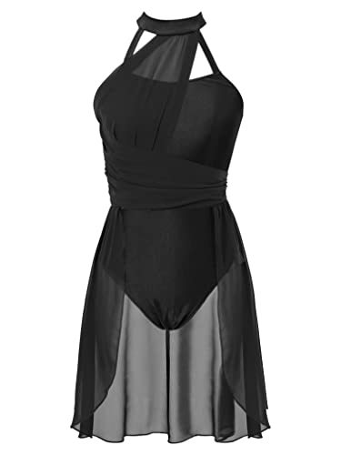 JEATHA Eiskunstlauf-Kleid Damen Chiffon Tanzkleid Ballettkleid Neckholder Trikotkleid mit Tutu Rock Ballett Trikot Skater Kleider Lyrisches Tanzkostüm Schwarz M von JEATHA