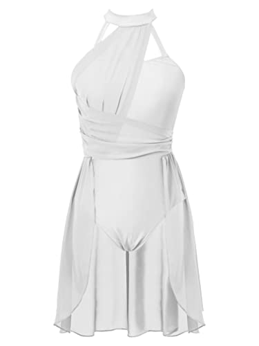 JEATHA Eiskunstlauf-Kleid Damen Chiffon Tanzkleid Ballettkleid Neckholder Trikotkleid mit Tutu Rock Ballett Trikot Skater Kleider Lyrisches Tanzkostüm Weiß L von JEATHA