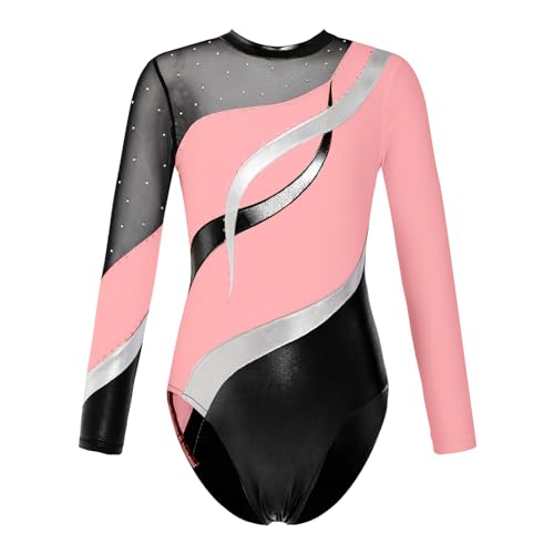 JEATHA Gymnastikanzug Kinder Mädchen Kurzarm Turnanzug Gymnastikbody Turnbody Langarm Ballettanzug Trikotanzug Dancewear Rosa 158-164 von JEATHA