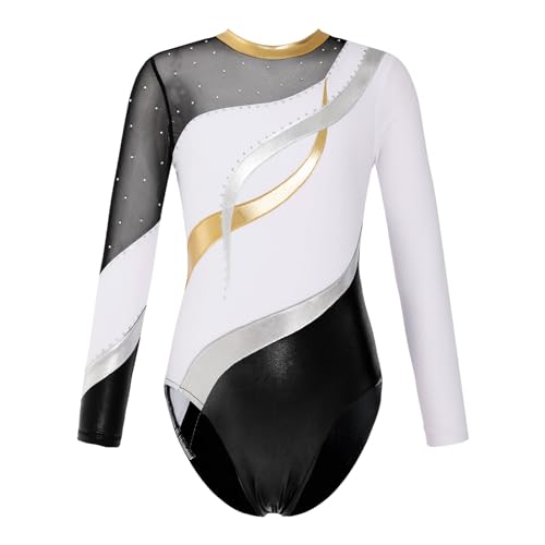 JEATHA Gymnastikanzug Kinder Mädchen Kurzarm Turnanzug Gymnastikbody Turnbody Langarm Ballettanzug Trikotanzug Dancewear Weiß 134-140 von JEATHA