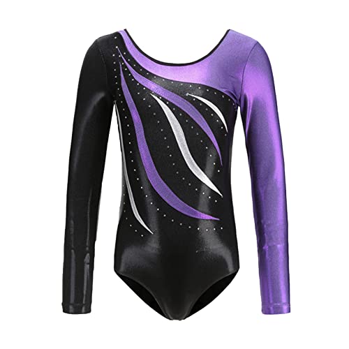 JEATHA Gymnastikanzug Mädchen Langarm Ballettanzug Gymnastik Training Leotard Top Kinder Glänzende Gymnastikbody Ballettbody Tanz-Body Trikotanzug Violett 140-146 von JEATHA