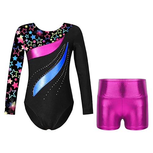 JEATHA Gymnastikanzug Mädchen Metallic Turnanzug Gymnastik Leotard Balletttrikot mit Shorts Langarm Turnbody Turntrikot für Gymnastik Fitness B Stern Schwarz 110-116 von JEATHA