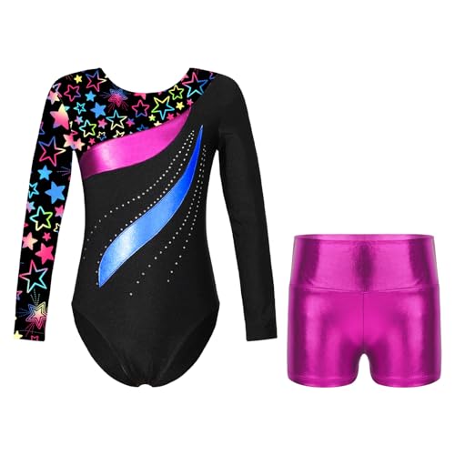 JEATHA Gymnastikanzug Mädchen Metallic Turnanzug Gymnastik Leotard Balletttrikot mit Shorts Langarm Turnbody Turntrikot für Gymnastik Fitness B Stern Schwarz 134-140 von JEATHA