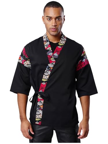 JEATHA Herren 3/4 Ärmel Kochjacke Bäckerjacke Japanischer Sushi Kochuniform Arbeitskleidung Küchebekleidung Rot Schwarz L von JEATHA