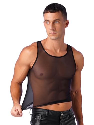 JEATHA Herren Durchsichtiges Mesh Tank Top Ärmellos Crop Top Unterhemd Bauchfrei Sexy Oberteil Netzhemd Netzshirt Durchsichtiges Muskelshirt Unterwäsche B Schwarz XL von JEATHA