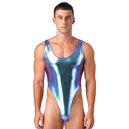 JEATHA Herren Einteiliger Badeanzug Ärmellos Stretch Sportbody Leotard Bodysuit Stringbody High Cut Mankini Kunstleder Bademode Bodybuilding Bunt XL von JEATHA