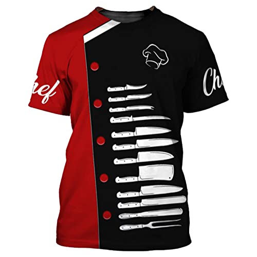 JEATHA Herren Kochshirt Kurzarm T-Shirt Küchenchef T-Shirt Rundhals Kochjacke Kochmütze Sommershirt Kurzarmshirt Koch Pirat Clubwear Rot L von JEATHA