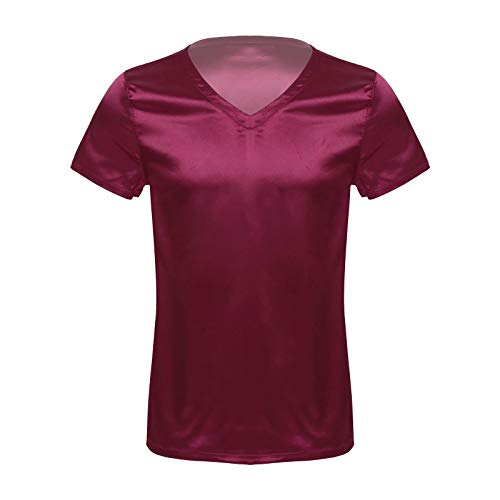 JEATHA Herren Kurzarm Satin T-Shirt V-Ausschnitt Unterhemd Seide Schlafshirt Lose Pyjamashrt Einteilig Schlafanzug Hausanzug Sleepwear Loungewear Burgundy L von JEATHA