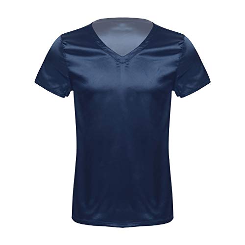 JEATHA Herren Kurzarm Satin T-Shirt V-Ausschnitt Unterhemd Seide Schlafshirt Lose Pyjamashrt Einteilig Schlafanzug Hausanzug Sleepwear Loungewear Dunkelblau XL von JEATHA