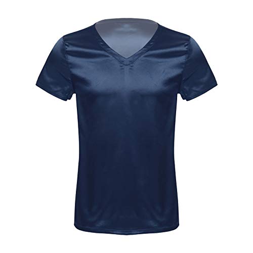 JEATHA Herren Kurzarm Satin T-Shirt V-Ausschnitt Unterhemd Seide Schlafshirt Lose Pyjamashrt Einteilig Schlafanzug Hausanzug Sleepwear Loungewear Dunkelblau XL von JEATHA