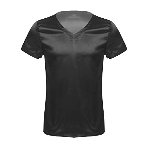 JEATHA Herren Kurzarm Satin T-Shirt V-Ausschnitt Unterhemd Seide Schlafshirt Lose Pyjamashrt Einteilig Schlafanzug Hausanzug Sleepwear Loungewear Schwarz M von JEATHA