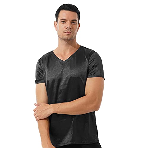 JEATHA Herren Kurzarm Satin T-Shirt V-Ausschnitt Unterhemd Seide Schlafshirt Lose Pyjamashrt Einteilig Schlafanzug Hausanzug Sleepwear Loungewear Schwarz M von JEATHA