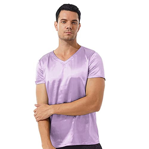JEATHA Herren Kurzarm Satin T-Shirt V-Ausschnitt Unterhemd Seide Schlafshirt Lose Pyjamashrt Einteilig Schlafanzug Hausanzug Sleepwear Loungewear Violett XXL von JEATHA