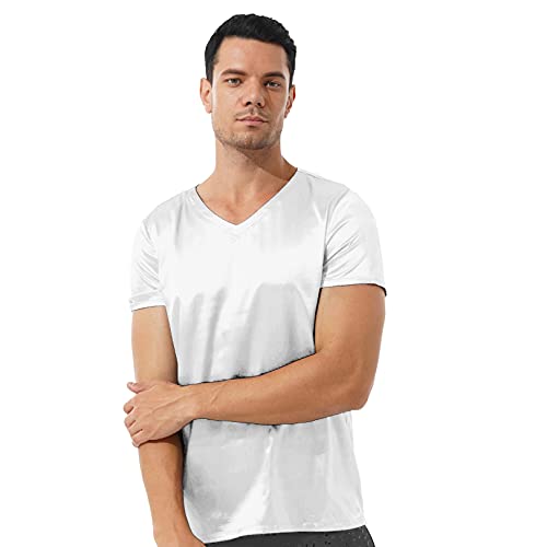JEATHA Herren Kurzarm Satin T-Shirt V-Ausschnitt Unterhemd Seide Schlafshirt Lose Pyjamashrt Einteilig Schlafanzug Hausanzug Sleepwear Loungewear Weiß XXL von JEATHA
