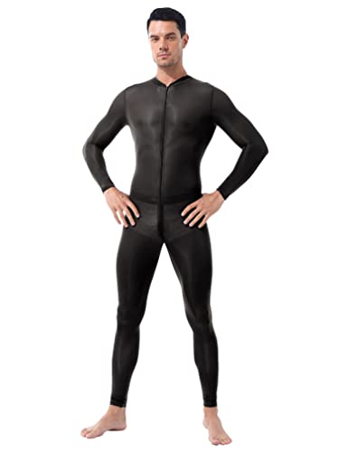 JEATHA Herren Overall Langarm Body Männerbody Einteiler Jumpsuit Bodysuit Unterhemd mit Reißverschluss Ganzkörperanzug im Schritt Unterwäsche Sportbody Reizwäsche Schwarz L von JEATHA