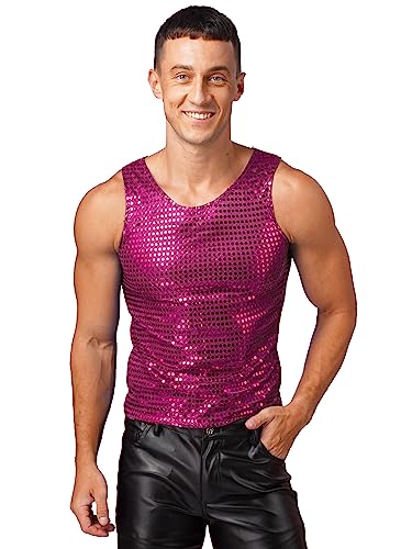 JEATHA Herren Pailletten Tank Top Ärmellos Rundhals T-Shirt Unterhemd Tanktop Glänzend Oberteil Slim Fit Muskelshirt Weste Partykleidung Disco Nachtclub C Hot Rosa S von JEATHA