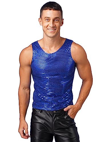 JEATHA Herren Pailletten Tank Top Ärmellos Rundhals T-Shirt Unterhemd Tanktop Glänzend Oberteil Slim Fit Muskelshirt Weste Partykleidung Disco Nachtclub C Königsblau M von JEATHA